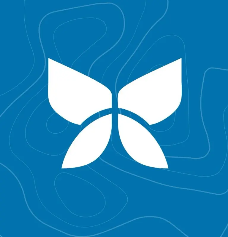 white butterfly logo on blue background with contour lines